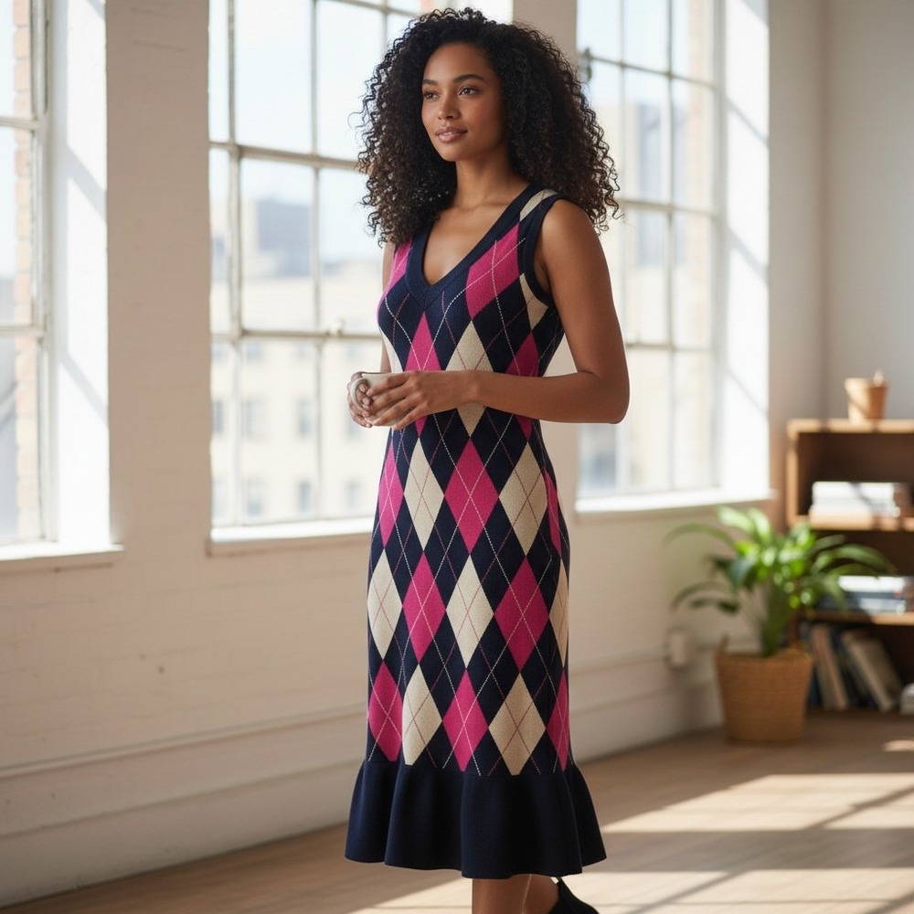 Tommy Hilfiger Navy, Pink & Cream Argyle Knit V‑Neck Midi Dress